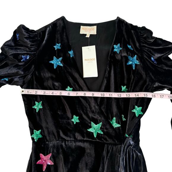 Rococo Sand Amos Black Velvet Sequin Star Wrap Mini Dress Women’s Size Small NWT - Picture 5 of 8